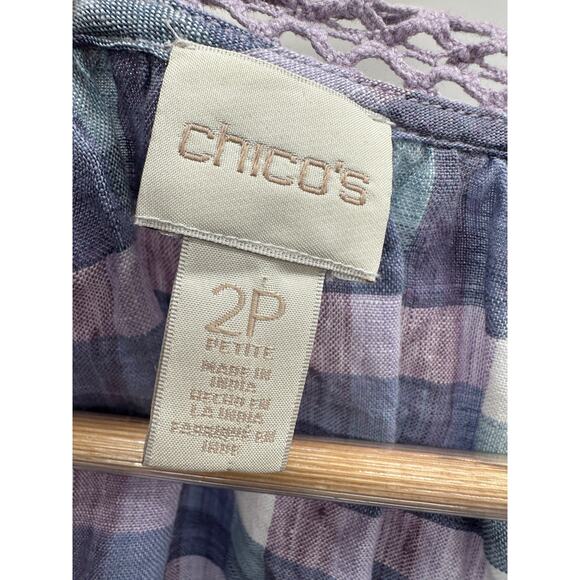 Chico's Womens Top 12P Purple Plaid V-Neck Crochet 100% Linen Popover Peasant - Picture 5 of 8